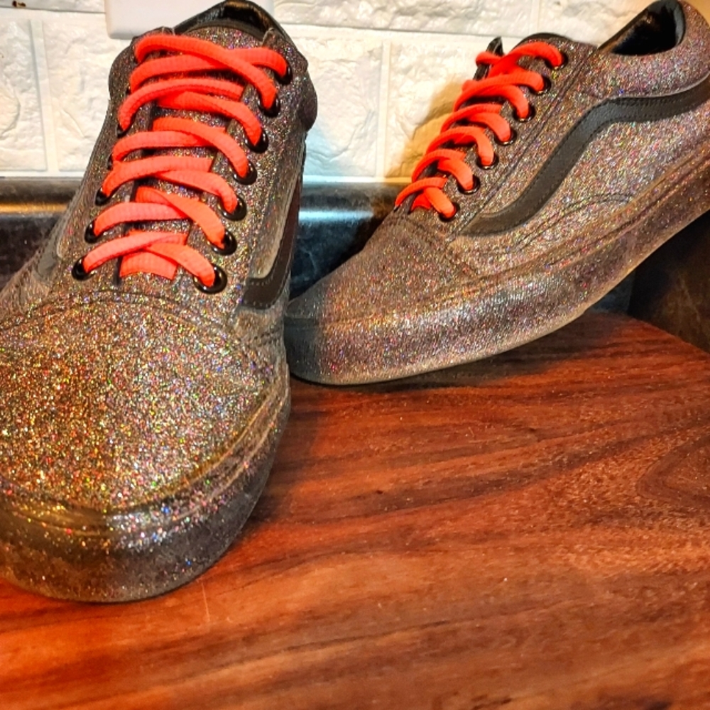 Special Edition Glitter Vans Black with Neon Strings Size 8
